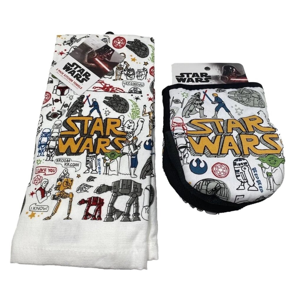 Star Wars Kitchen Towels and Oven Mitts Matching Set White Yellow Logo Brand New